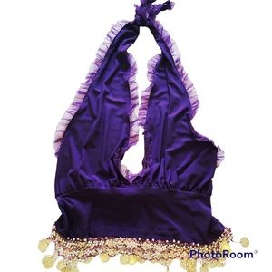 Purple plunge ruffle tie halter Bollywood festival top coin trim